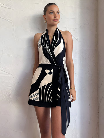 Black and White Halter Mini Wrap Dress – Summer Occasion Wear