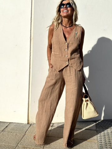 Chic Khaki Women’s Vest and Wide-Leg Trousers Set
