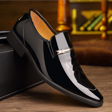 Men’s Glossy Slip-On Loafers – Formal Dress Shoes with Metal Bar