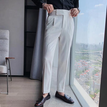 Men’s High-Rise Formal Trousers – Pleated Front with Cuffed Hem