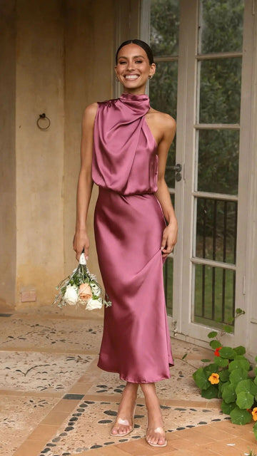 Satin Draped Neckline Maxi Dress with Elasticated Waist