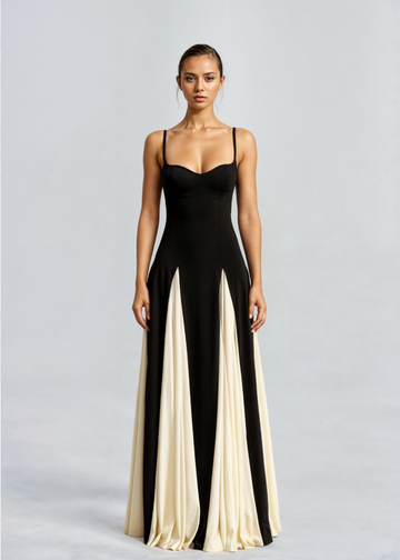Women’s Black & Cream Maxi Dress – Striking Contrast Panel Evening Gown