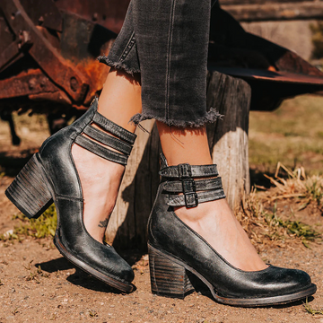 Women's Block Heel Court Shoes with Triple Ankle Strap