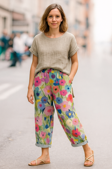 Women’s Colourful Floral Print Trousers – Relaxed Fit with Drawstring Waist