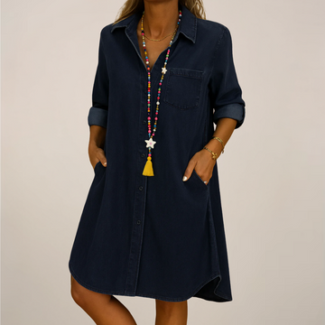 Women’s Denim Shirt Mini Dress – Button Down with Pockets
