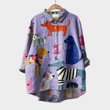 Women’s Dog Print Button-Up Shirt – Playful Oversized Design