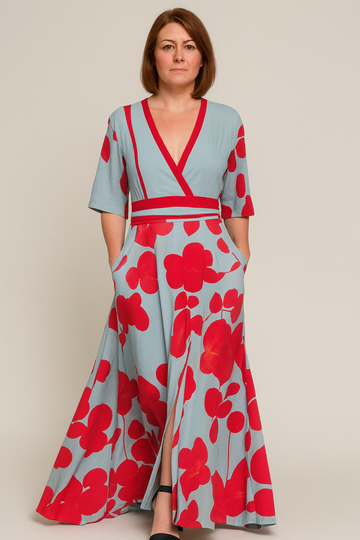 Women’s Elegant Floral Maxi Dress – V-Neck, Wide Sleeves & Flowing Silhouette