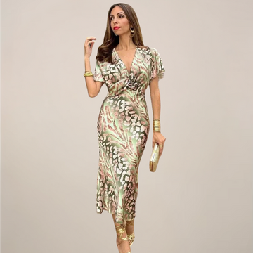 Women’s Elegant Midi Dress – Short Sleeve Draped Silhouette with Printed Finish