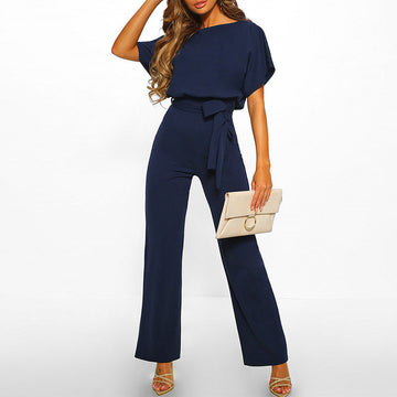 Women’s Elegant Wide-Leg Jumpsuit – Belted Waist with Short Sleeves