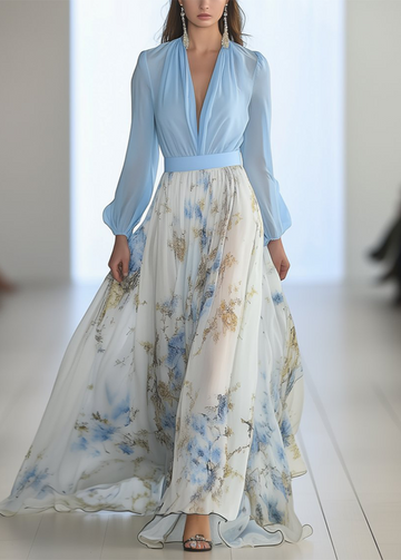 Women’s Floral Maxi Dress with Plunging V-Neckline – Long Sleeves