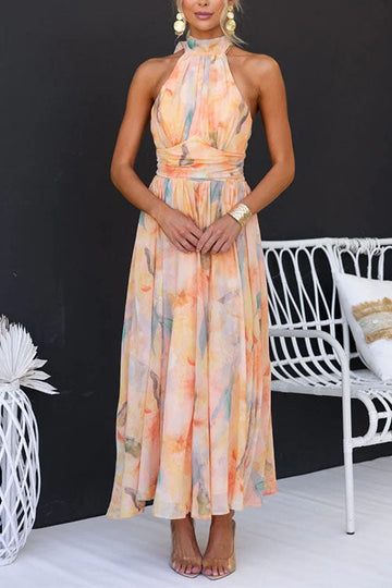 Women’s Halter Neck Maxi Dress – Ruched Waist & Flowing A-Line Silhouette