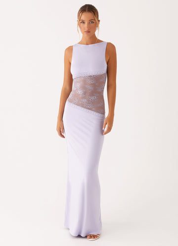 Women’s Maxi Dress – High Neckline – Sheer Lace Waist Detail