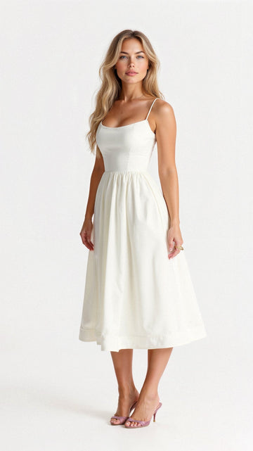 Women’s Midi Dress – A-Line Silhouette – Spaghetti Straps – Elegant Flowing Design