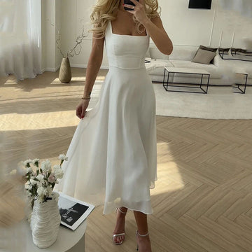 Women’s Midi Dress – Sleeveless Square Neck – Fitted Bodice – A-Line Silhouette