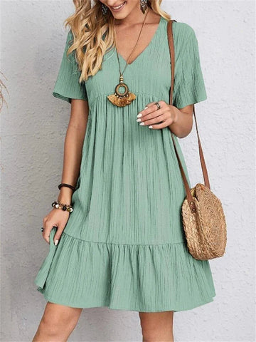 Women’s Retro V-Neck Mini Dress – Short Sleeve A-Line with Tummy-Control Fit