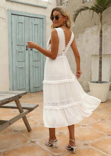 Women’s White Lace V-Neck Maxi Dress – Sleeveless Summer Gown with Tiered Hem
