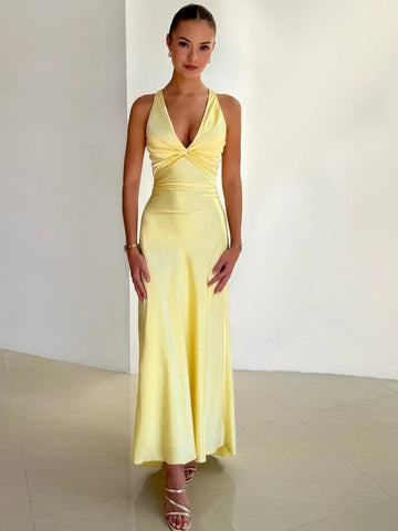 Women's Yellow Maxi Dress with Twist Front Detail – Spring, Summer