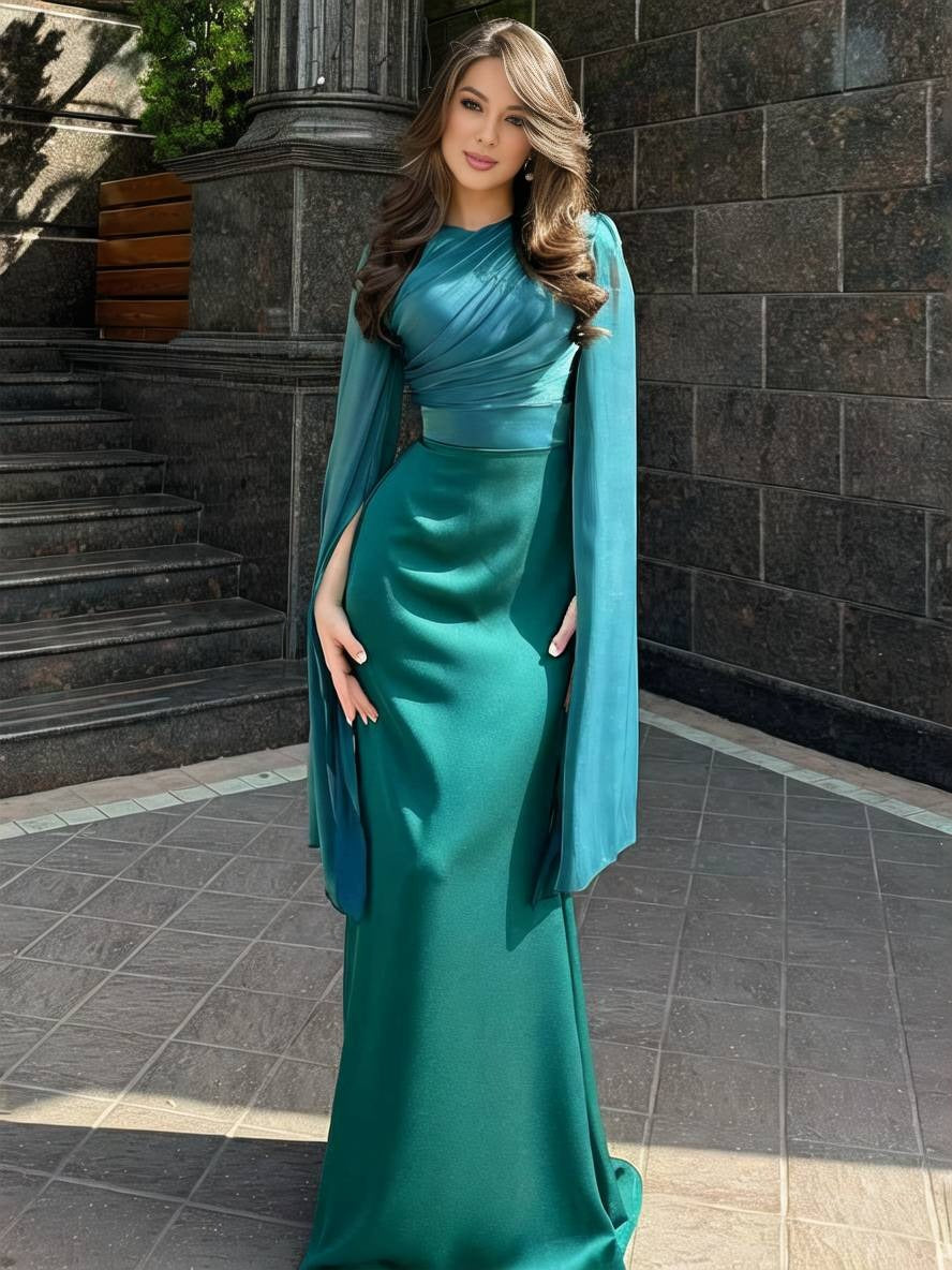 Women's Formal Maxi Dress - Long Sleeve Draped Bodice Fitted Skirt Women's Formal Maxi Dress - Long Sleeve Draped Bodice Fitted Skirt