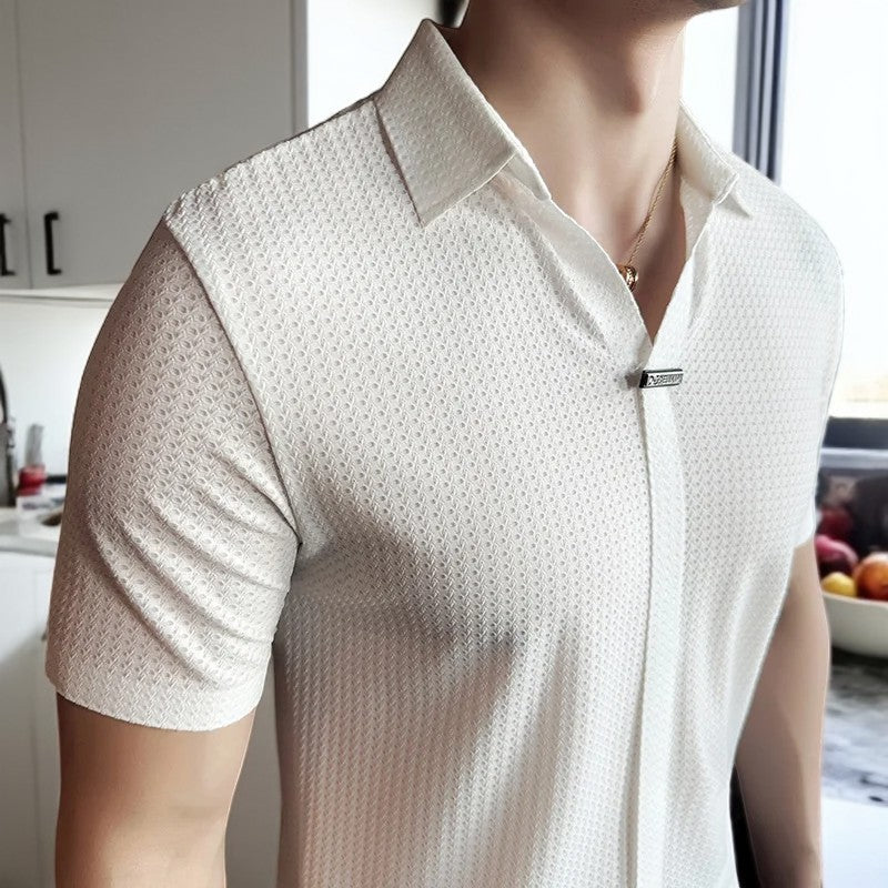 Men's Polo Shirt - Slim Fit Textured with V-Neck Placket - Point Collar and Metal Badge