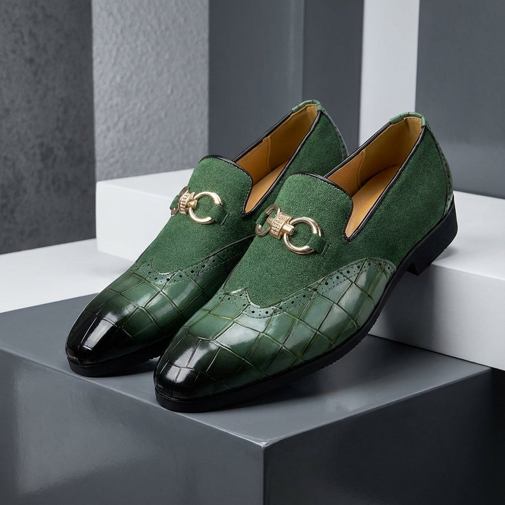 Men's Loafers - Slip On Dress Shoes with Brogue Detail - Metal Horsebit Buckle