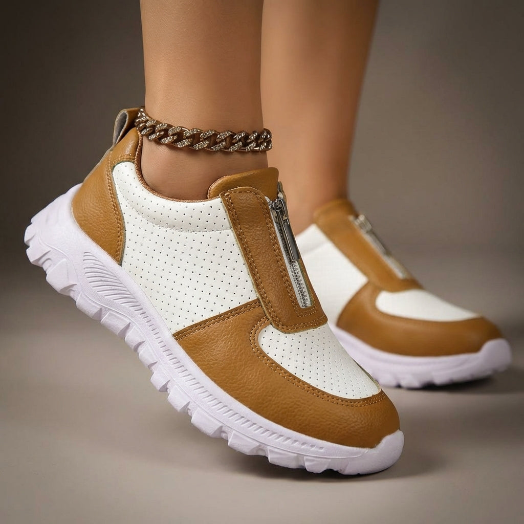Women's Zip-Up Casual Sneakers - Colour Block Perforated Upper with Chunky Platform Sole