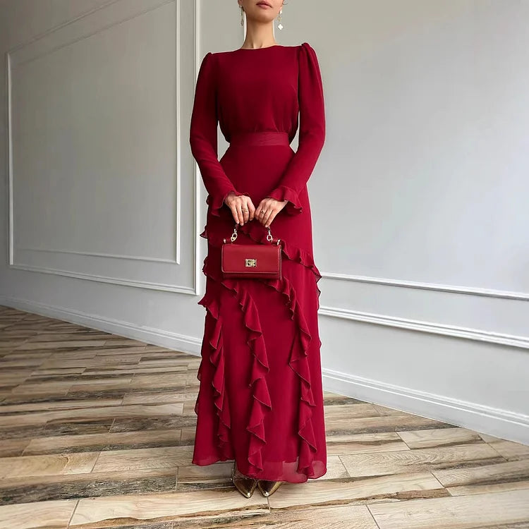 Women's Formal Maxi Dress - Ruffle Hem - Long Sleeve - Crew Neck