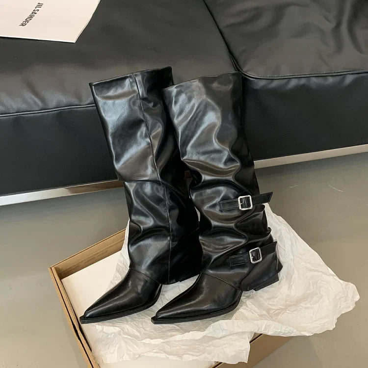Women's Knee High Boots - Slouch - Double Buckle - Pointed Toe