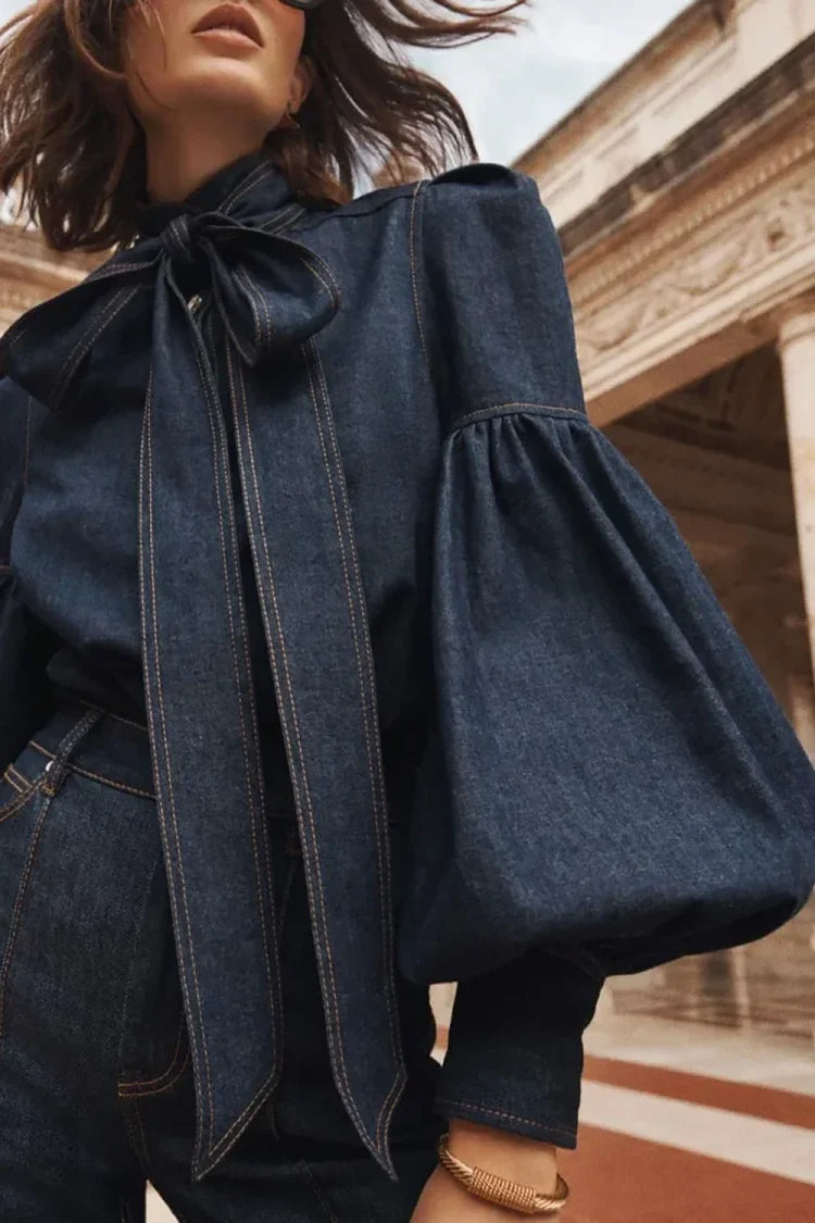 Women's Denim Blouse - Bow Tie Neck - Puff Sleeve - Button Up