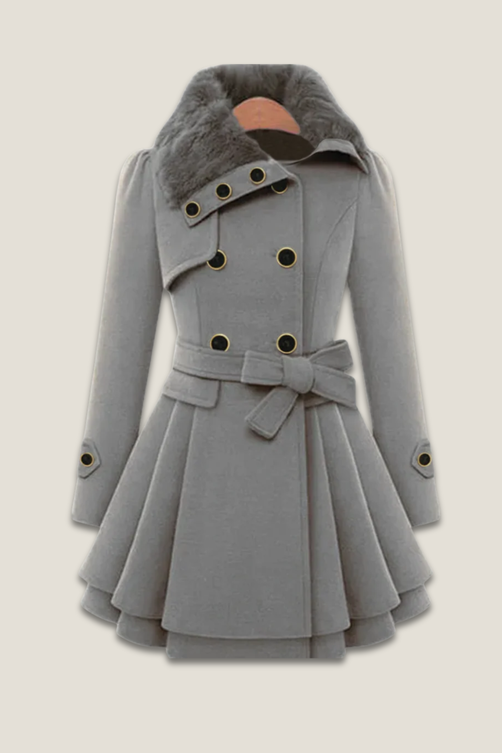 Women’s Double-Breasted Mid-Length Coat – Belted Flared Hem with Faux Fur Collar