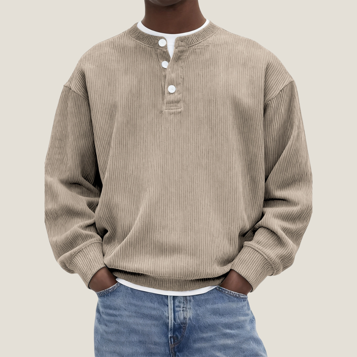 Men's Henley Jumper - Corduroy Ribbed - Oversized Long Sleeve
