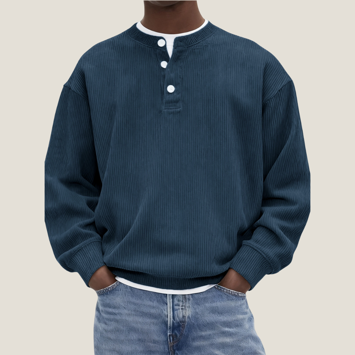 Men's Henley Jumper - Corduroy Ribbed - Oversized Long Sleeve