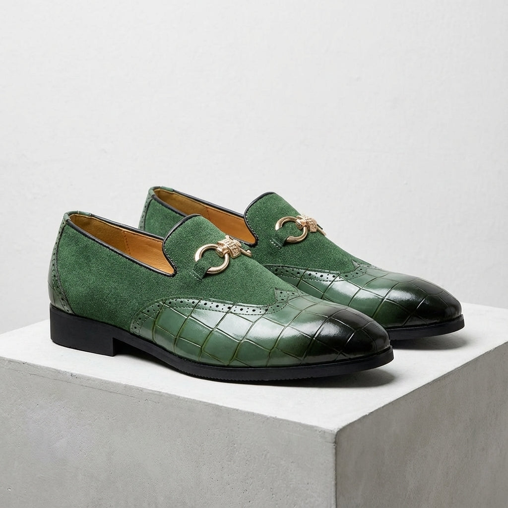 Men's Loafers - Slip On Dress Shoes with Brogue Detail - Metal Horsebit Buckle