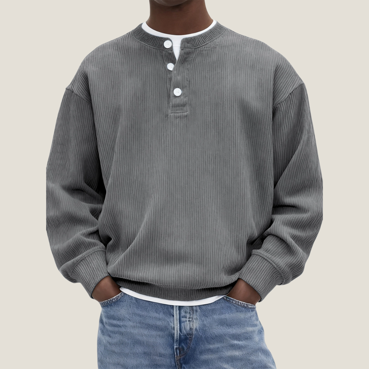 Men's Henley Jumper - Corduroy Ribbed - Oversized Long Sleeve