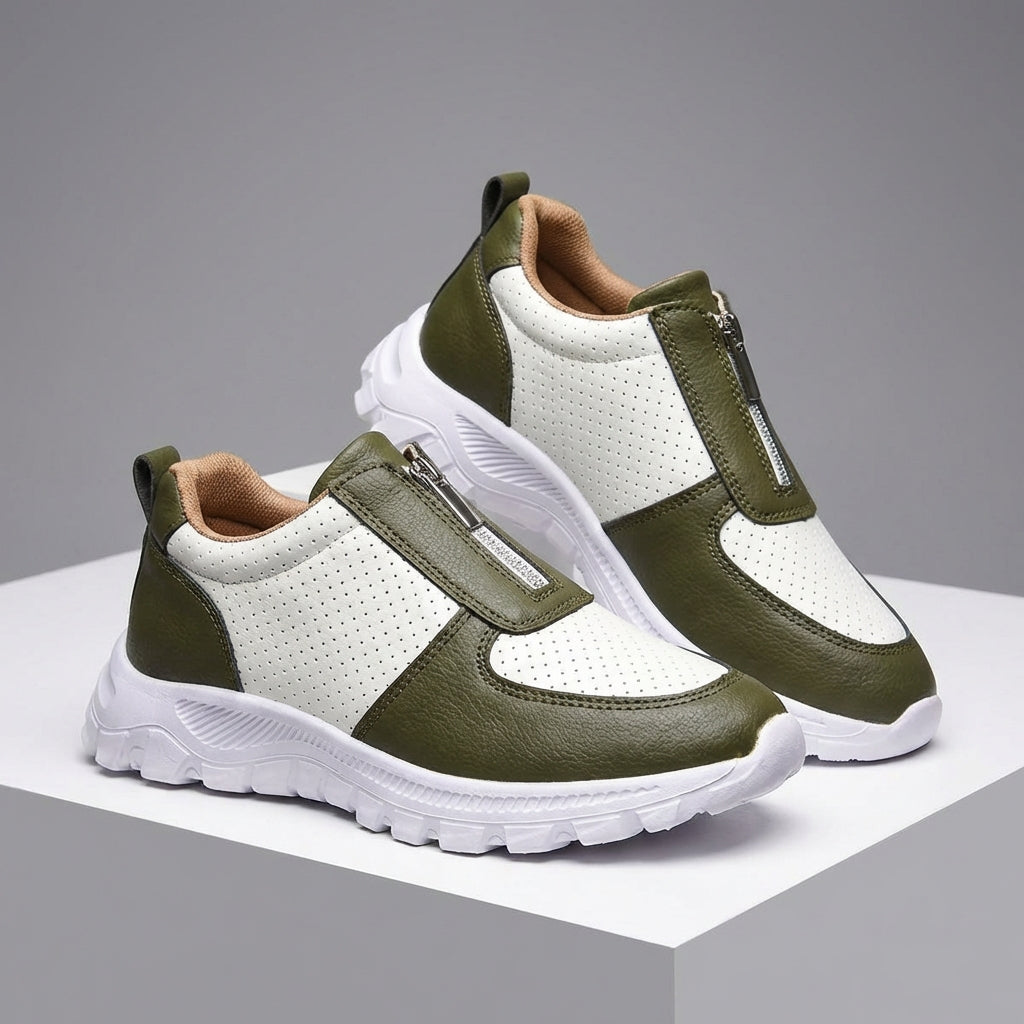 Women's Zip-Up Casual Sneakers - Colour Block Perforated Upper with Chunky Platform Sole