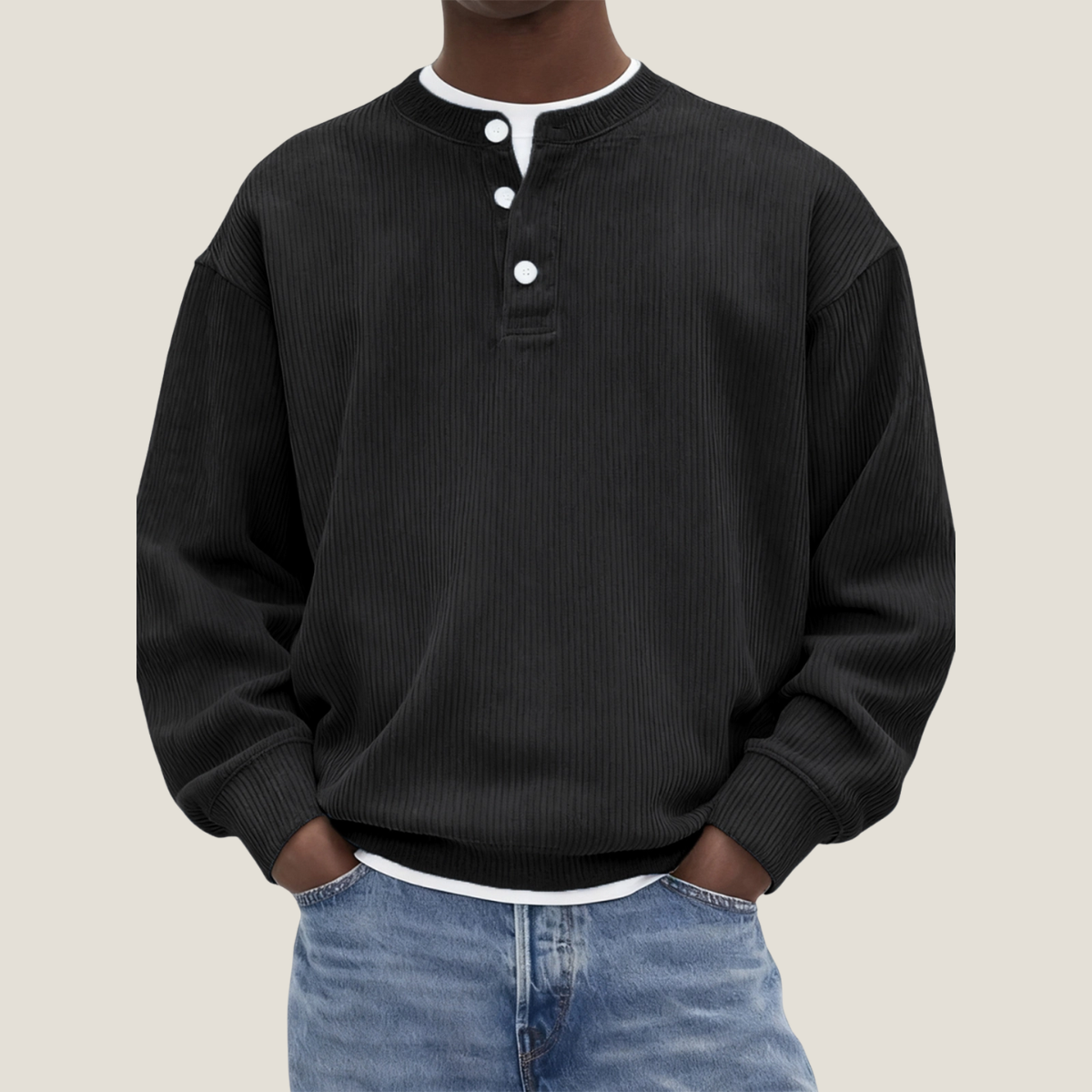 Men's Henley Jumper - Corduroy Ribbed - Oversized Long Sleeve