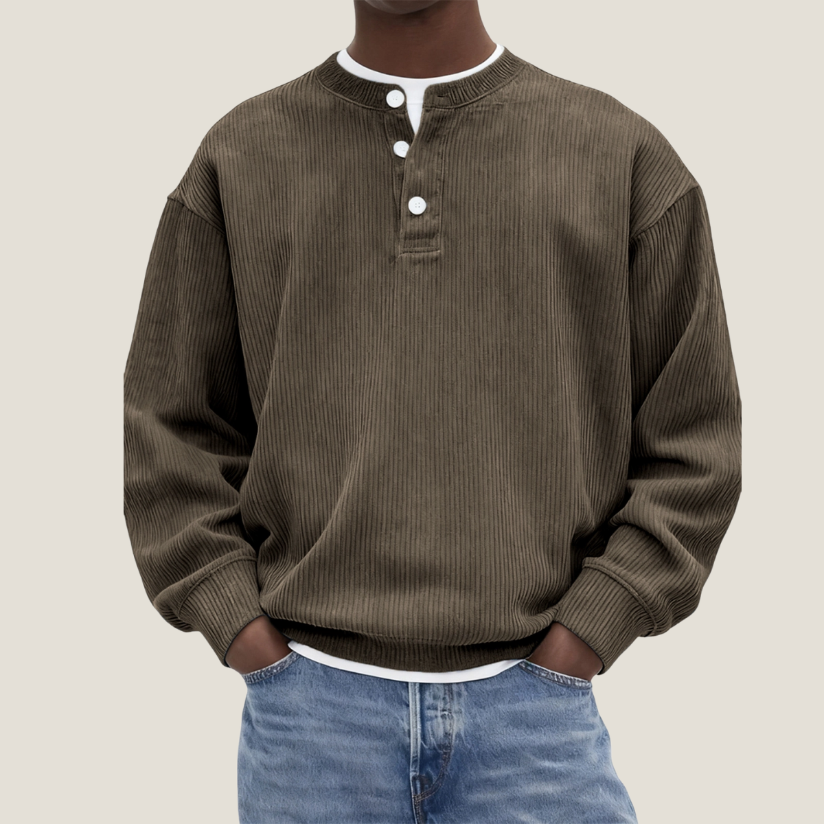 Men's Henley Jumper - Corduroy Ribbed - Oversized Long Sleeve