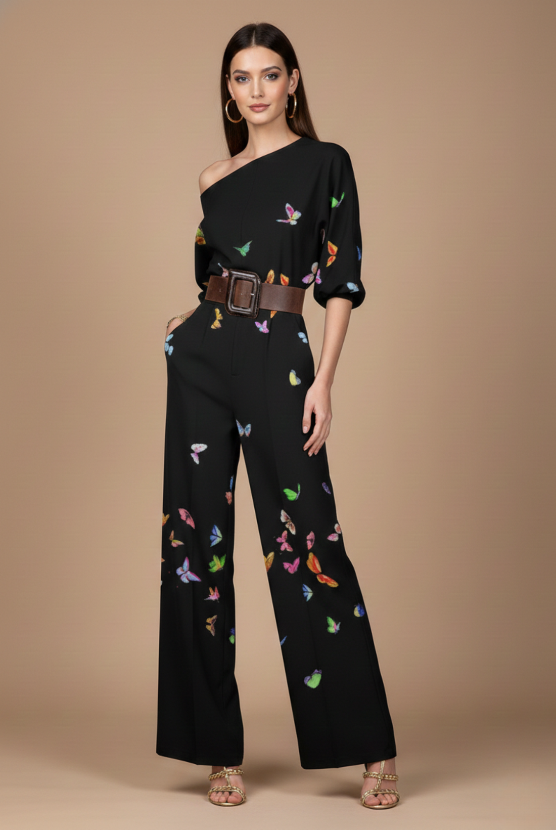 Women’s Dressy Jumpsuit Women – One Shoulder Wide Leg High Waist Jumpsuit with Abstract Print