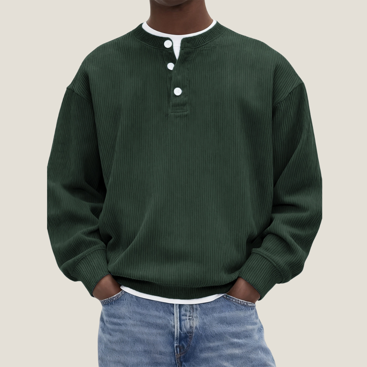 Men's Henley Jumper - Corduroy Ribbed - Oversized Long Sleeve