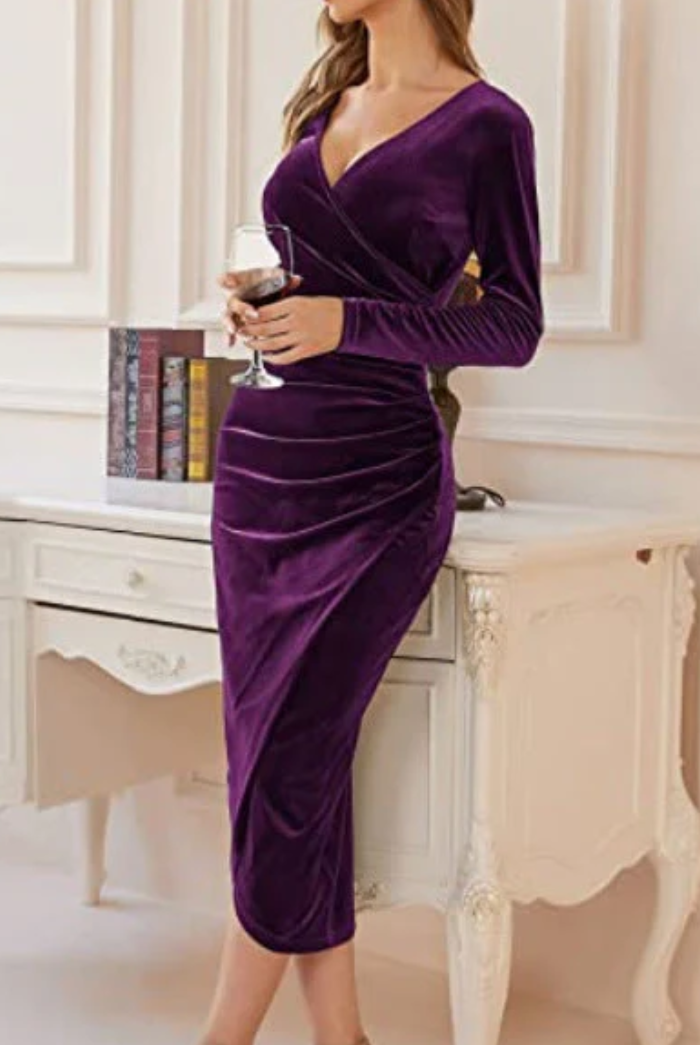 Women’s Velvet Midi Dress – Long Sleeve V-Neck Wrap Front Fitted Dress