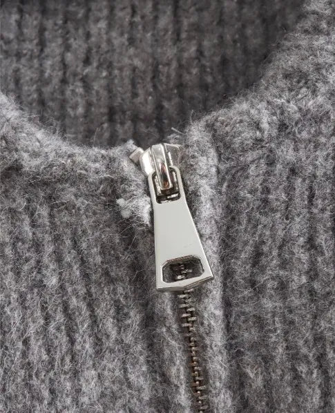 Women’s Zip Up Knitted Cardigan - Crew Neck Long Sleeve Ribbed Sweater