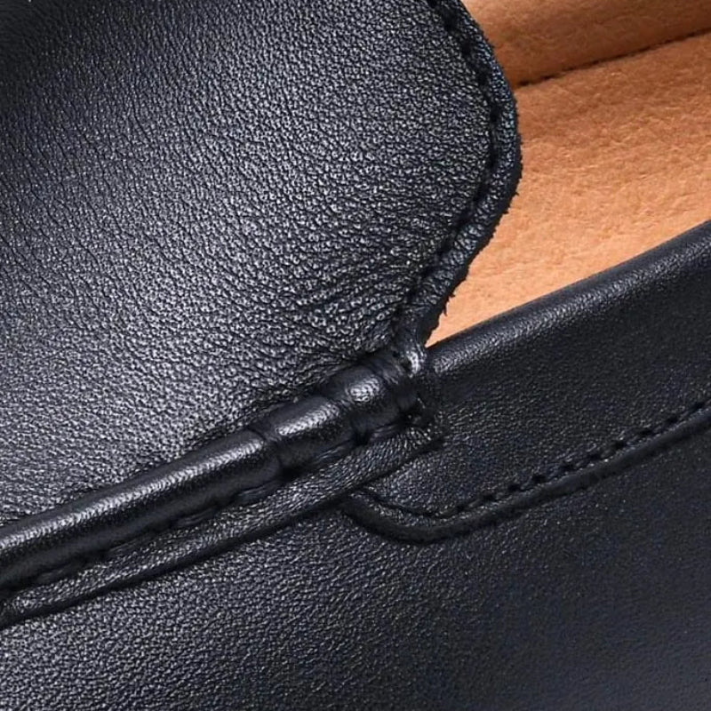 Men's Soft Cowhide Leather Slip-On Loafers with Topstitching - Low Block Heel - Smart Casual Style