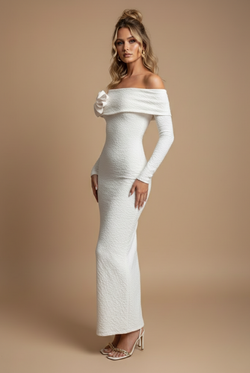 Women’s White Maxi Dress – Off Shoulder Long Sleeve Bodycon Dress with Floral Appliqué