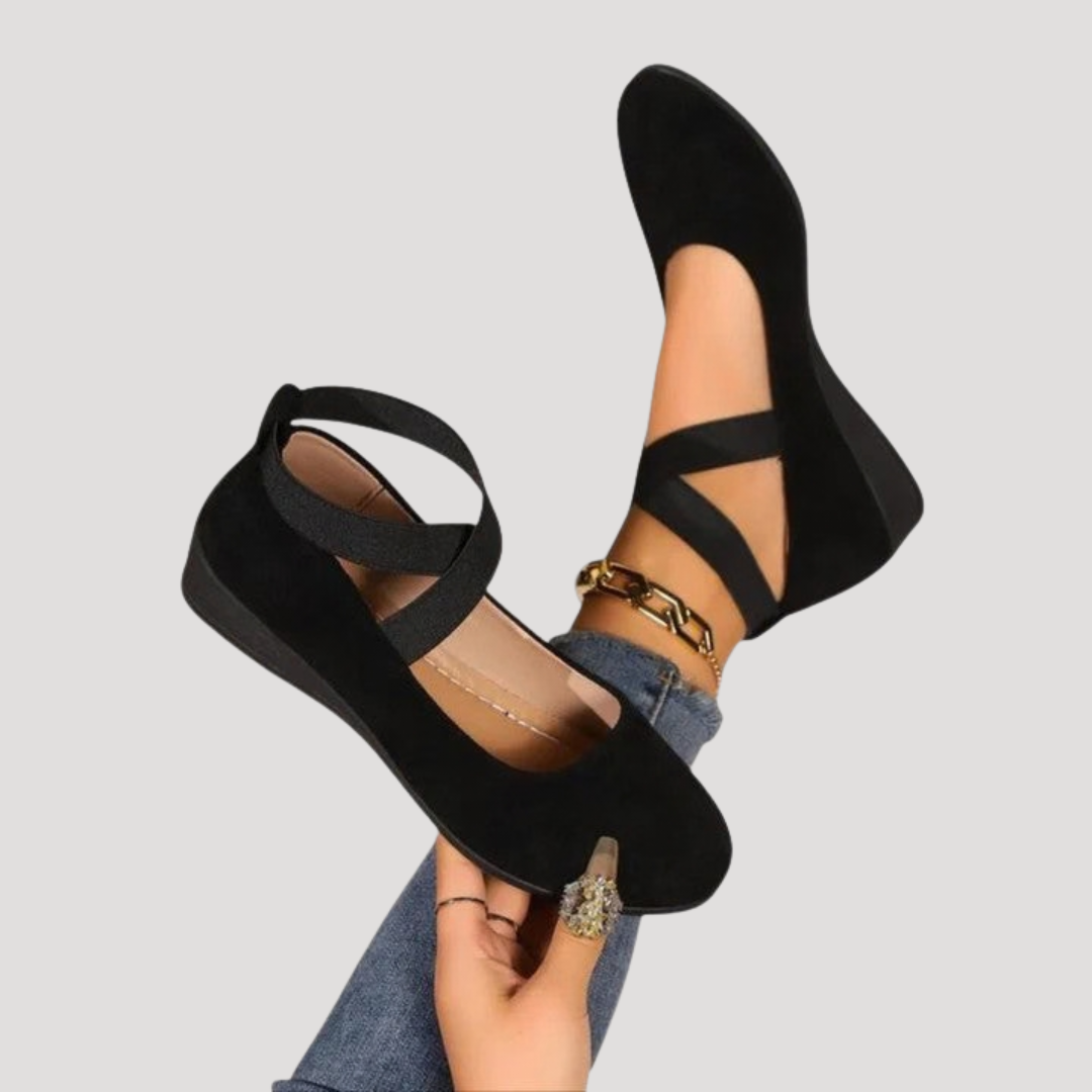 Women's Mary Jane Cross Strap Pointed Toe Low Wedge Flats