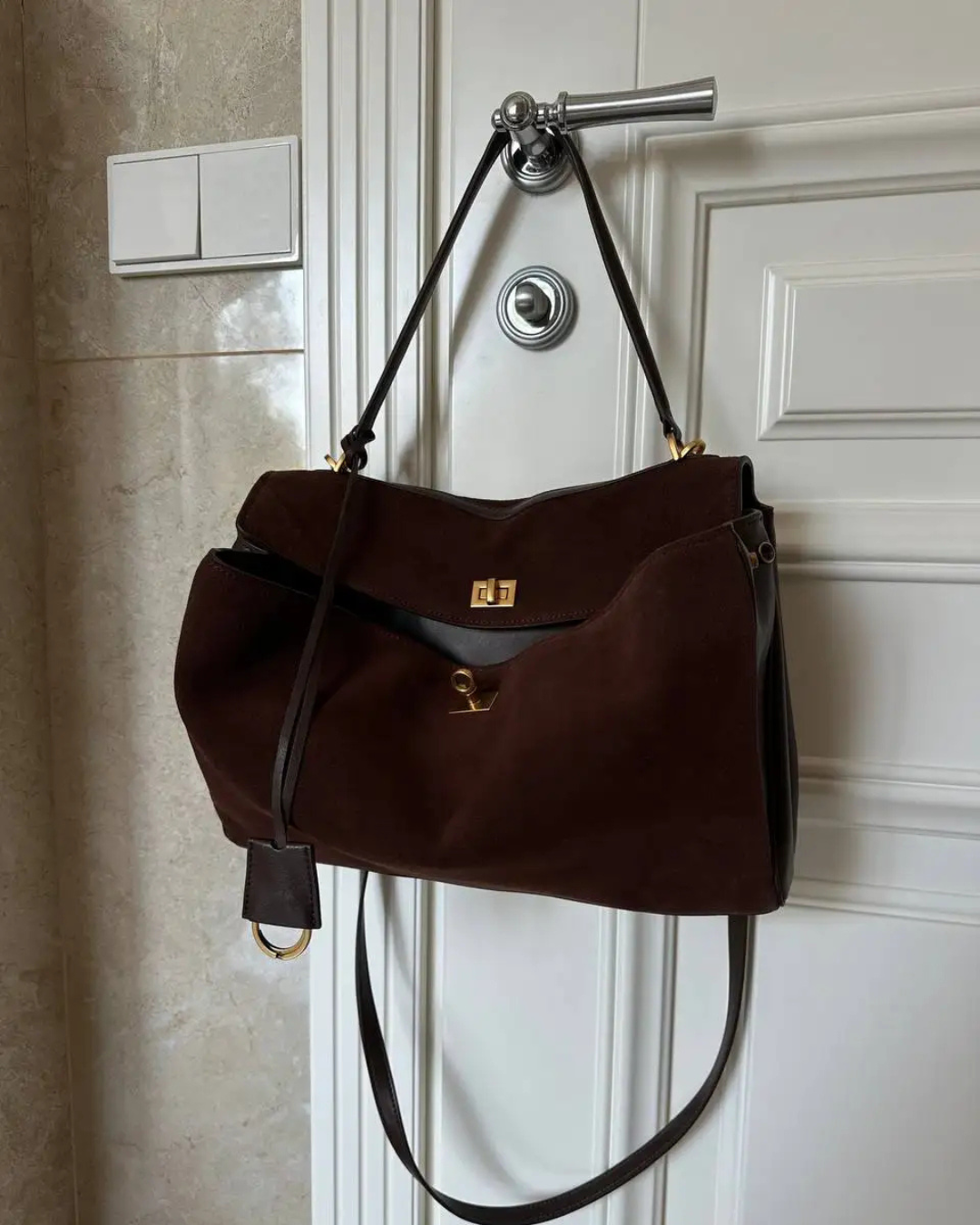 Suede Shoulder Bag - Flap Closure - Gold-Tone Hardware