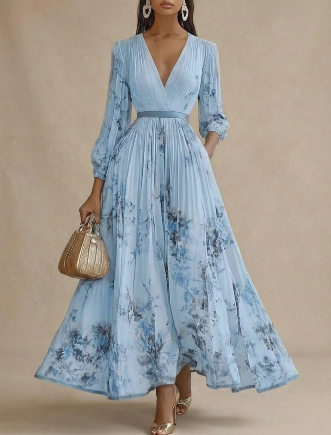 Women's Floral Maxi Dress - Long Sleeve V-Neck Pleated A-Line Skirt