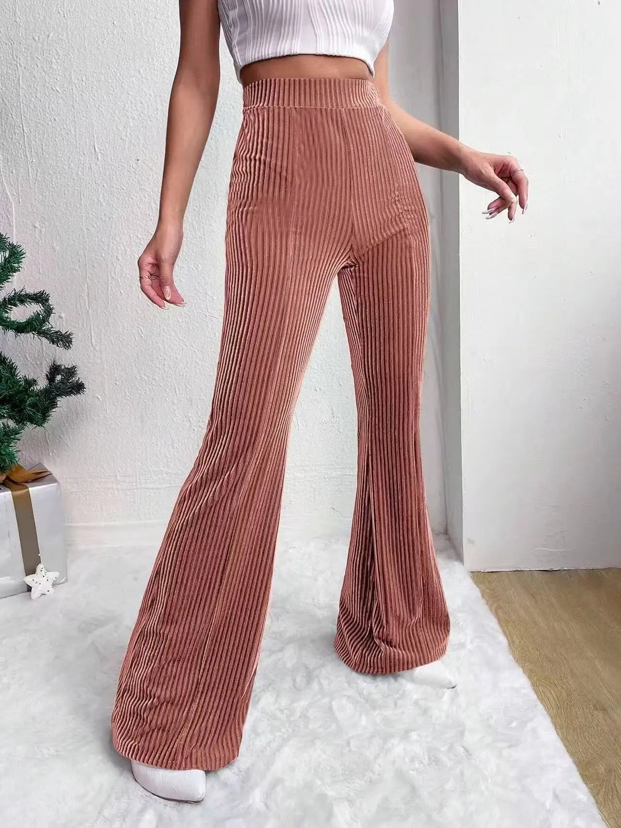 Women's Wide Leg Pants - High Waist Elasticated Ribbed Flare with Plain Hem