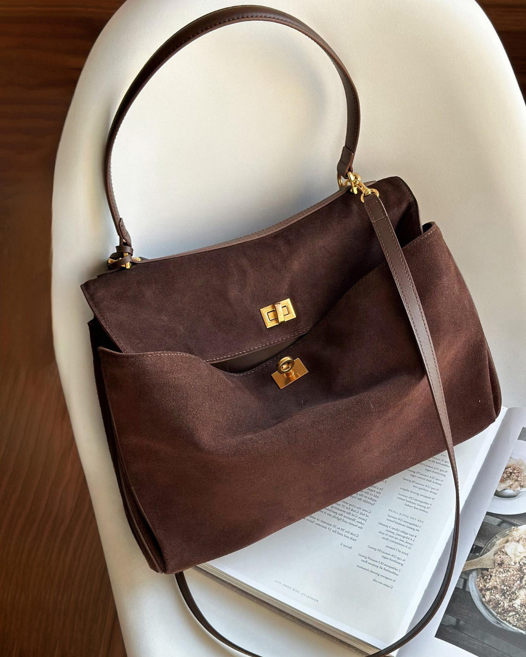 Suede Shoulder Bag - Flap Closure - Gold-Tone Hardware