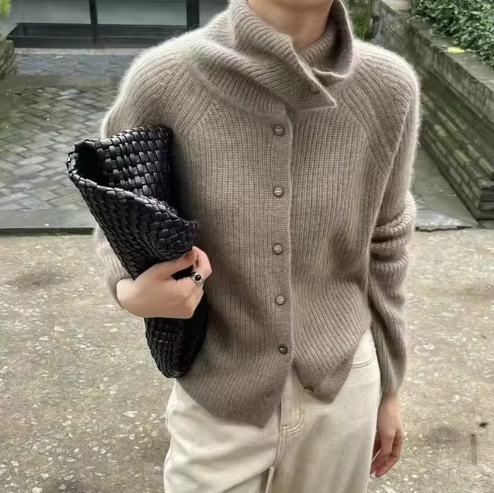 Women's Knit Sweater - Oversized Turtleneck with Button Front and Ribbed Texture