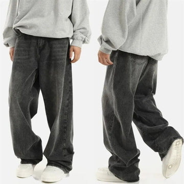 Men's Wide Leg Denim Pants - Baggy Fit with Elasticated Waist and Washed Finish