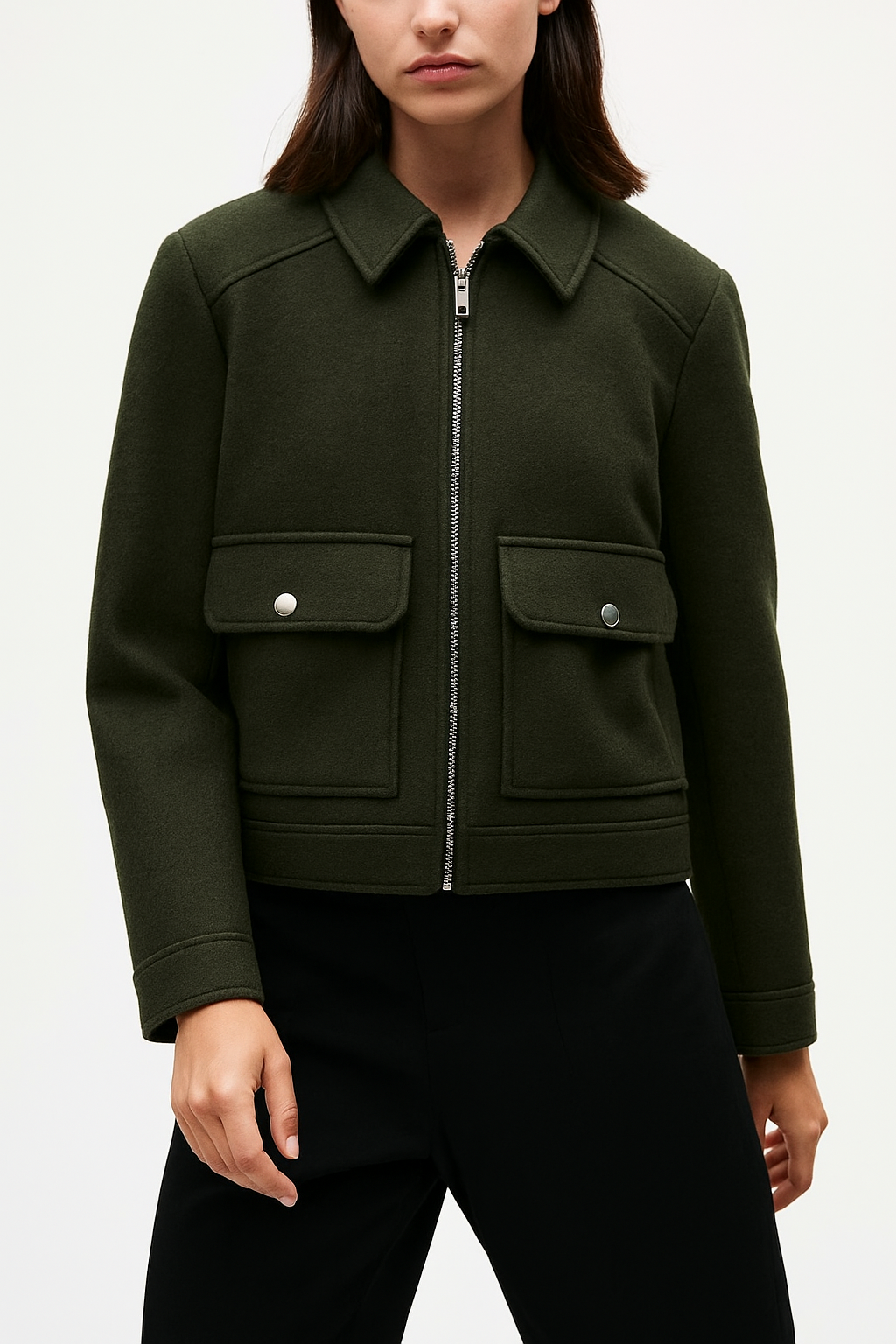 Women’s Cropped Zip Up Jacket with Pointed Collar and Flap Patch Pockets